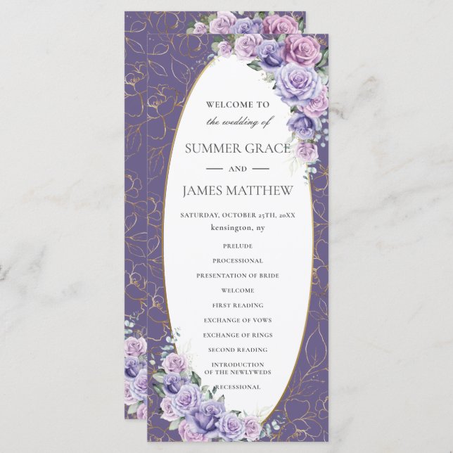 Purple Lilac Lavender Line Art Floral Wedding  Programme (Front/Back)