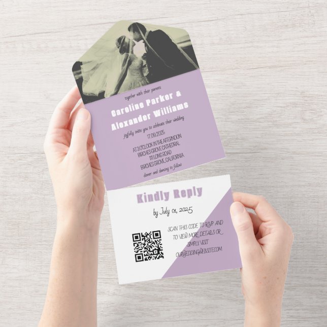 Purple Lilac Modern Simple QR Code Bold Photo All In One Invitation (Tearaway)