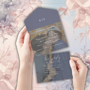 purple lilac monogram photo wedding all in one invitation