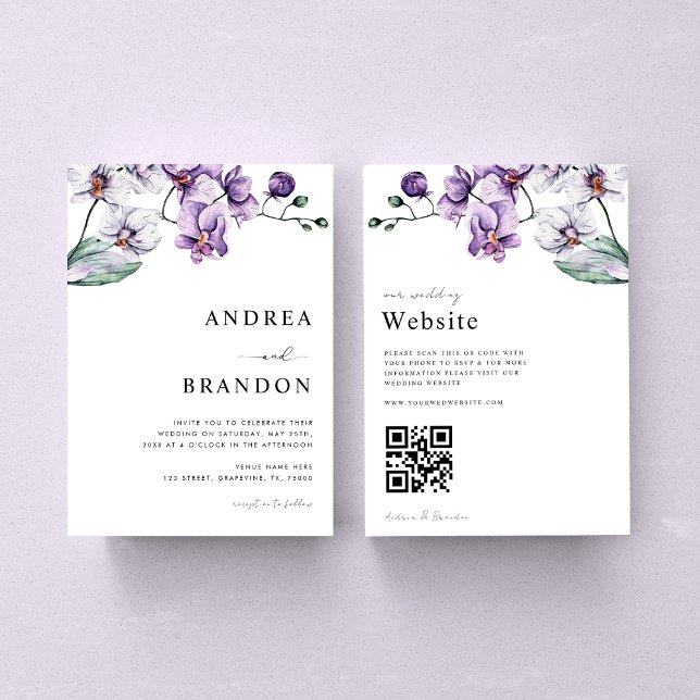 Purple Lilac Orchid QR Code All in One Wedding Invitation (Creator Uploaded)