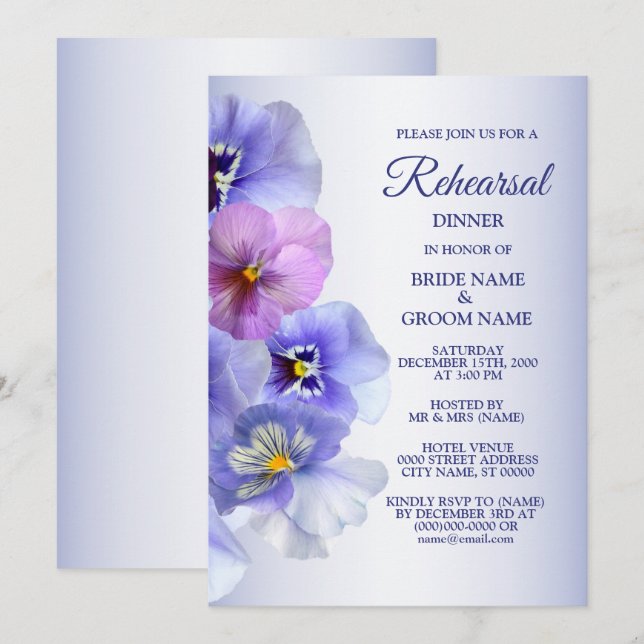 Purple Lilac Pansy Floral Wedding Rehearsal Dinner Invitation (Front/Back)