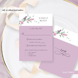 Purple Lilac Pastel Floral With or Without Meals  RSVP Card
