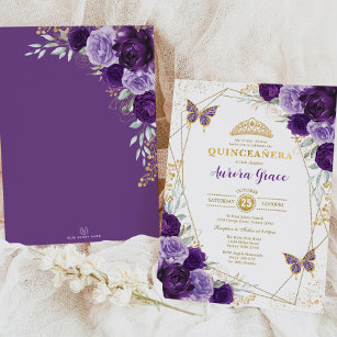 Purple Lilac Quinceañera Gold Tiara Geometric Invitation