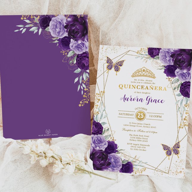 Purple Lilac Quinceañera Gold Tiara Geometric Invitation (Creator Uploaded)