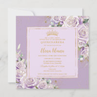 Purple Lilac Rose Floral Quinceanera Sweet 16 Gold