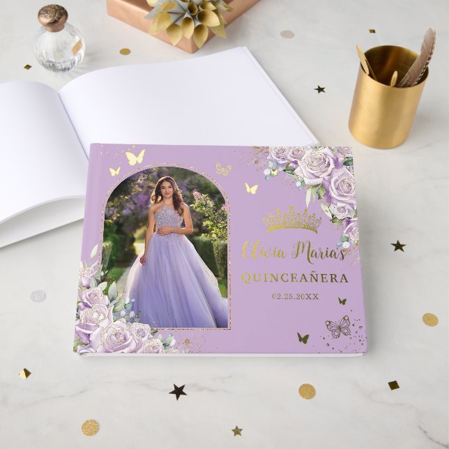 Purple Lilac Roses Floral Gold Quinceañera Photo  Guest Book (Front Open)