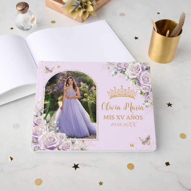 Purple Lilac Roses Floral Gold Quinceañera Photo  Guest Book (Front Open)