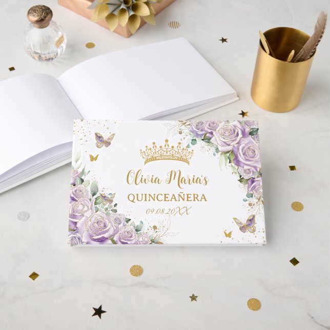 Purple Lilac Roses Floral Gold Quinceanera Quince Guest Book (Front Open)