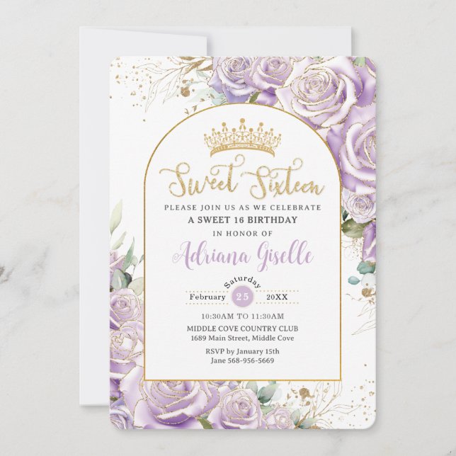 Purple Lilac Roses Floral Gold Sweet 16 Birthday  Invitation (Front)