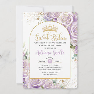 Purple Lilac Roses Floral Gold Sweet 16 Birthday  Invitation