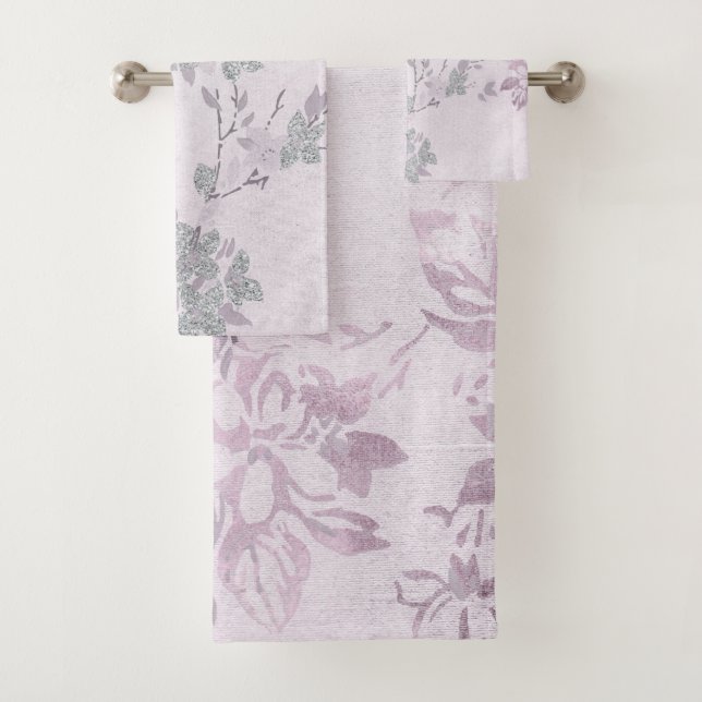 PURPLE LILAC SILVER FLORAL BATHROOM TOWEL SET (Insitu)