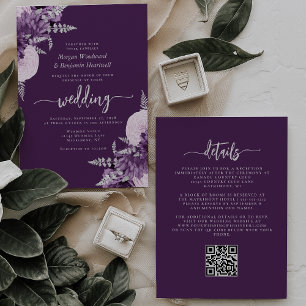 Purple Lilac Silver Floral QR Code Wedding Invitation