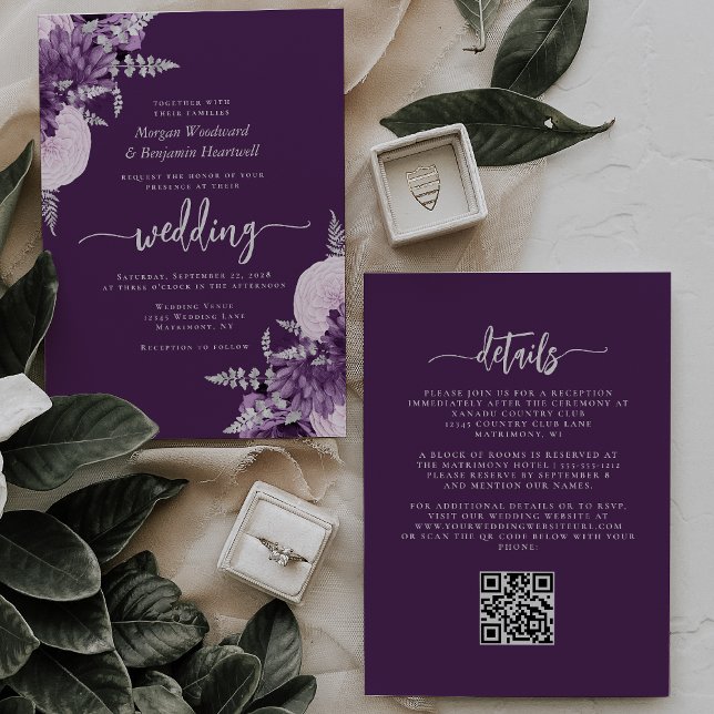 Purple Lilac Silver Floral QR Code Wedding Invitation (Creator Uploaded)