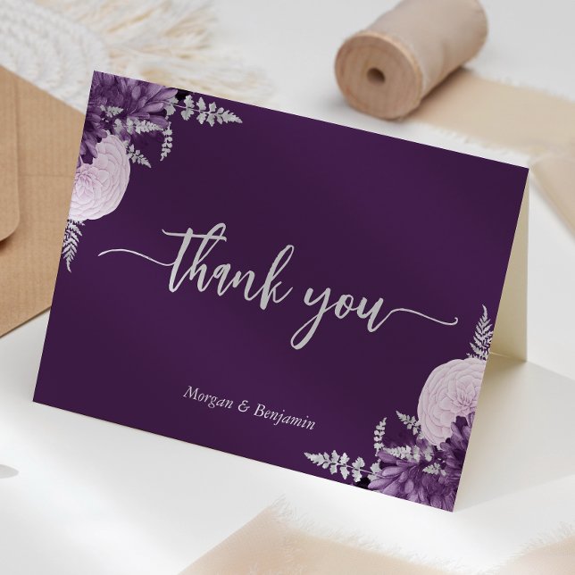 Purple Lilac Silver Floral Script Wedding Thank You Card (Creator Uploaded)