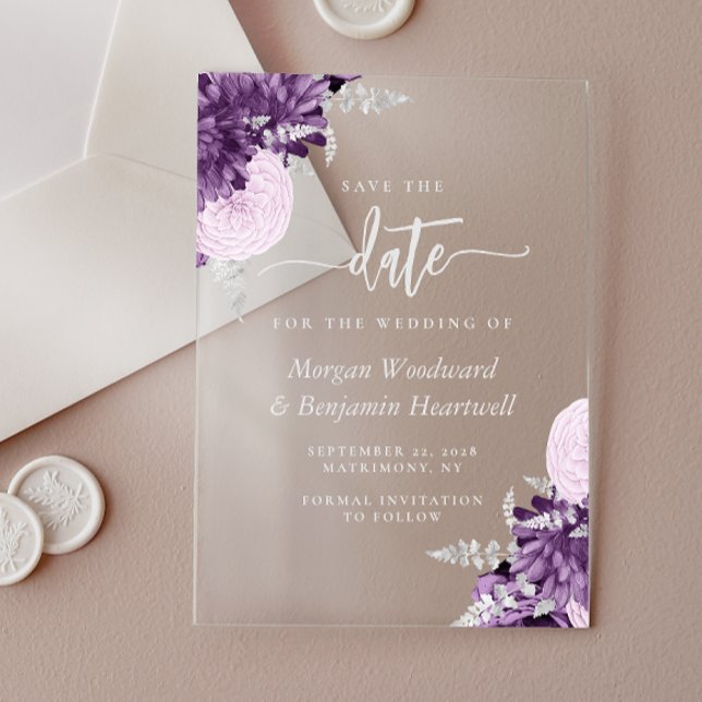 Purple Lilac Silver Floral Wedding Save the Date Acrylic Invitations (Creator Uploaded)