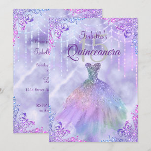 Purple Lilac Silver Pearl Gown Quinceanera Party Invitation