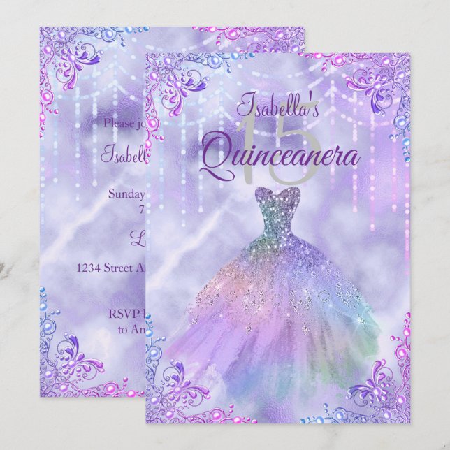 Purple Lilac Silver Pearl Gown Quinceanera Party Invitation (Front/Back)