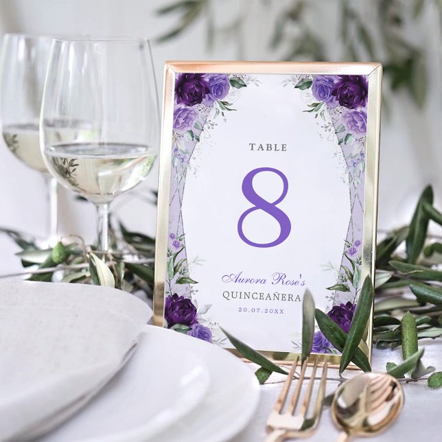 Purple Lilac Silver Quinceanera Floral Birthday Table Number (Creator Uploaded)