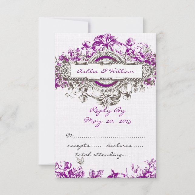 Purple Lilac Vintage Floral Wedding RSVP (Front)