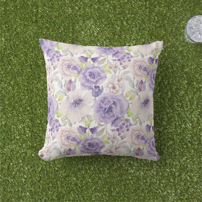 Purple Lilac Watercolor Floral Botanical Cushion (Grass)