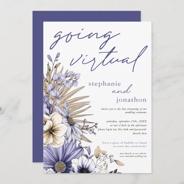 Purple Lilac Watercolor Florals Virtual Wedding Invitation (Front/Back)