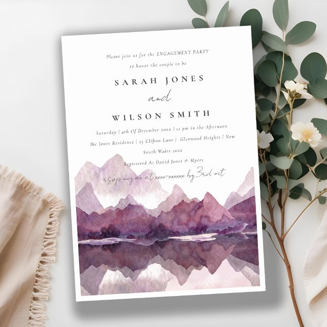 Purple Lilac Watercolor Mountain Lake Engagement  Invitation (Creator Uploaded)