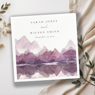 Purple Lilac Watercolor Mountain Lake Wedding Napkin
