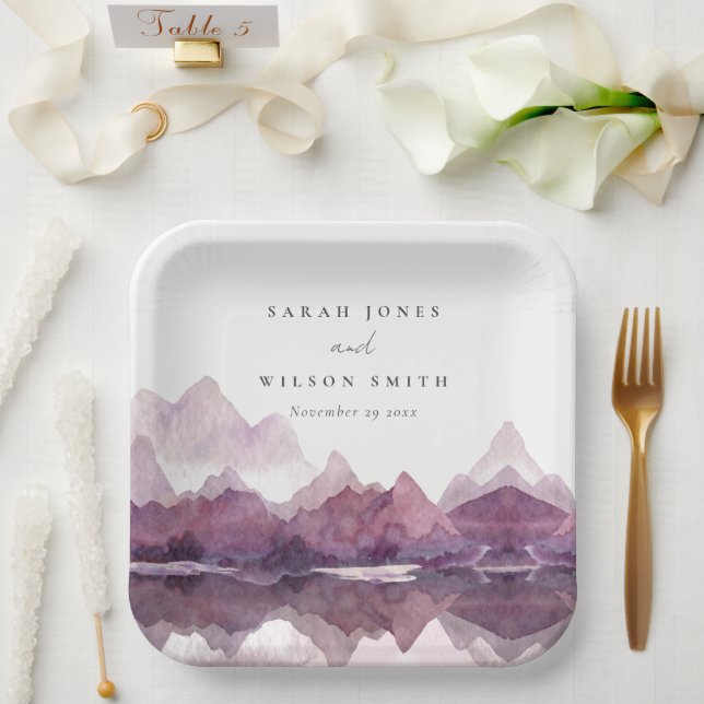 Purple Lilac Watercolor Mountain Lake Wedding Paper Plate (Wedding)