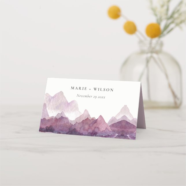 Purple Lilac Watercolor Mountain Lake Wedding Place Card (Front)