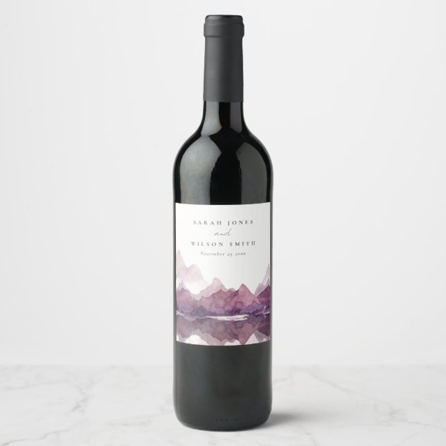 Purple Lilac Watercolor Mountain Lake Wedding Wine Label (Front)