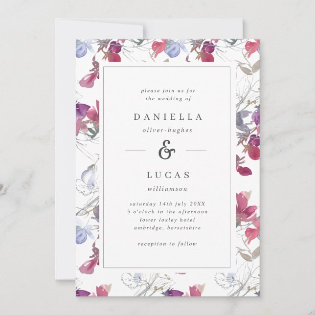 Purple & Lilac Watercolor Sweet Pea Floral Wedding Invitation (Front)