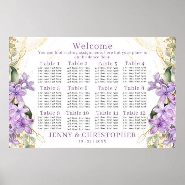 Purple Lilac Wedding Seating Chart (12 Tables) (Front)