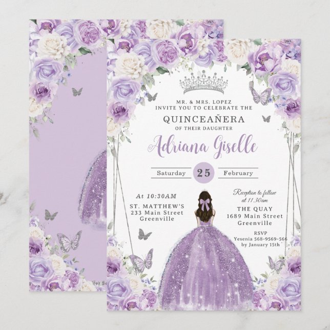 Purple Lilac White Floral Silver Quinceañera XV 16 Invitation (Front/Back)