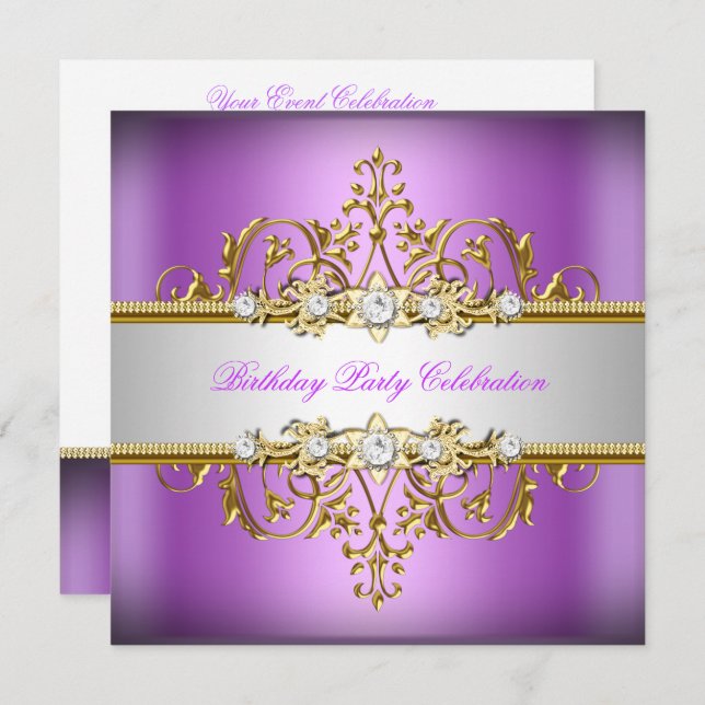 Purple Lilac White Gold Silver Birthday Party Invitation (Front/Back)