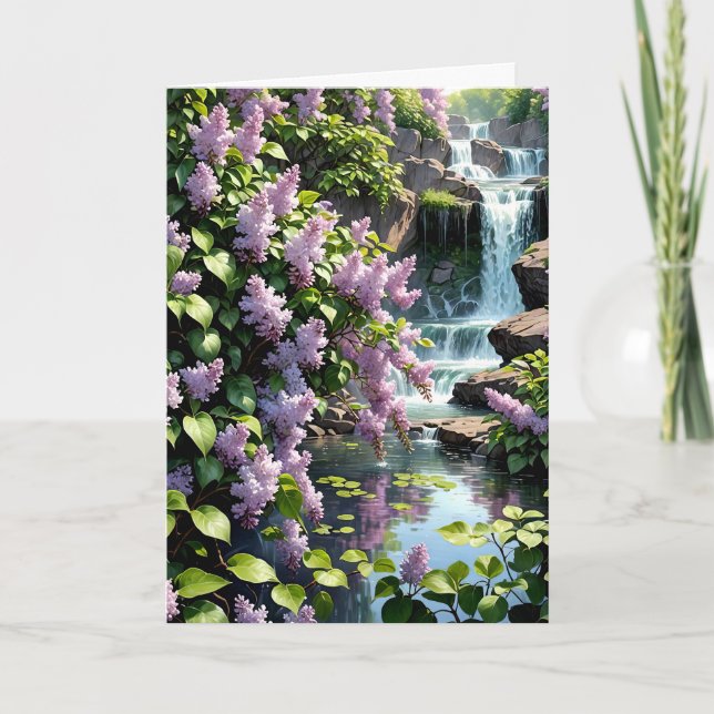 Purple Lilacs and Waterfalls Birthday Card (Front)