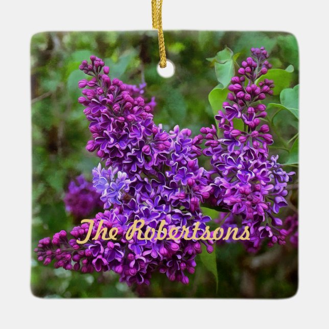 Purple Lilacs on a Spring Day Ceramic Personalised Ornament (Front)