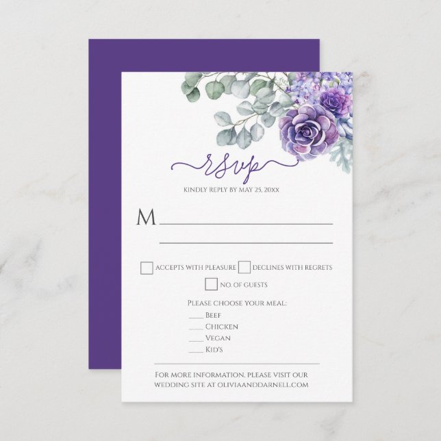 Purple Lilacs & Succulents, Eucalyptus DIY Wedding RSVP Card (Front/Back)