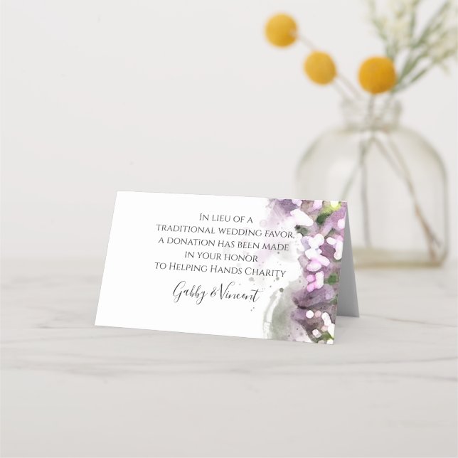 Purple Lilacs Watercolor Wedding Charity Favours Place Card (Front)