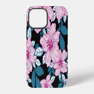 Purple lily, blue leaf background. iPhone 12 case