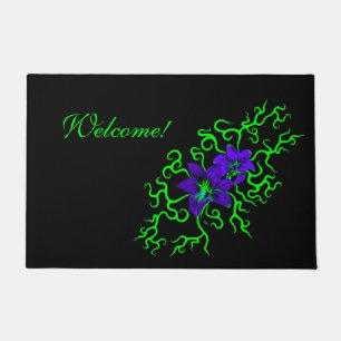 Purple Lily Flower on black Doormat