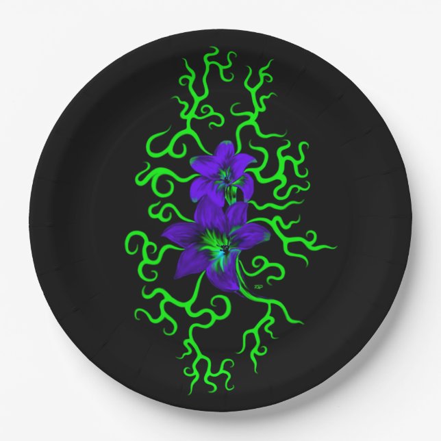 Purple Lily Flower on black Paper Plate (Front)