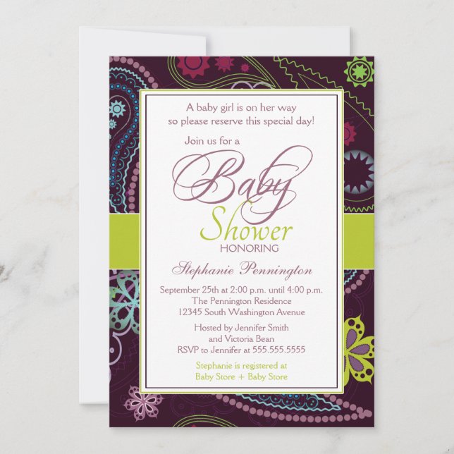 Purple lime floral paisley baby shower invitation (Front)