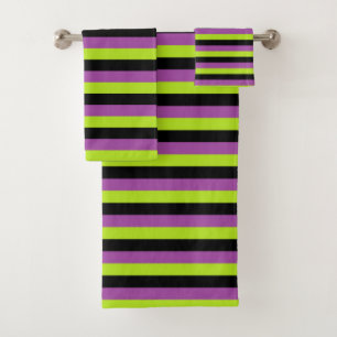 Purple, Lime Green and Black Stripes Bath Towel Set