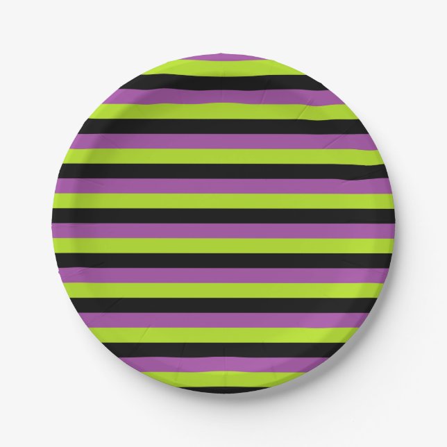 Purple Lime Green and Black Stripes Paper Plate (Front)