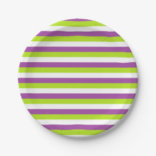 Purple, Lime Green and White Stripes Paper Plate