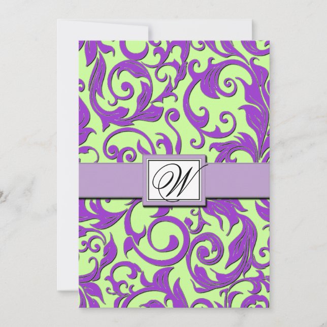 Purple & Lime Green Damask Wedding Invitations (Front)