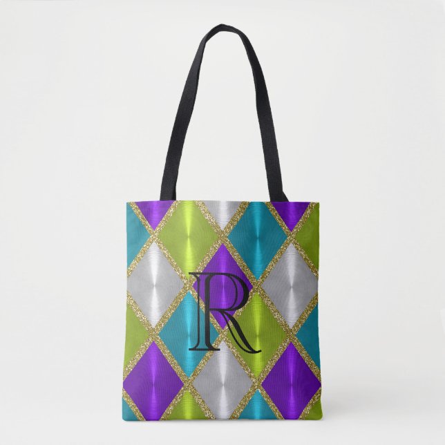Purple Lime Turquoise Gold Harlequin with Monogram Tote Bag (Front)