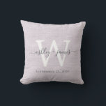 Purple Linen White Monogram Wedding Keepsake Cushion<br><div class="desc">Elegant wedding keepsake purple woven linen effect pillow with your text in dark grey chic handwritten script calligraphy. Simply add your names, monogram and wedding date. Great gift for a newlywed couple. Exclusively designed for you by Happy Dolphin Studio. If you need any help or matching products, please contact us...</div>