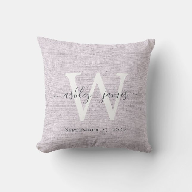 Purple Linen White Monogram Wedding Keepsake Cushion (Front)