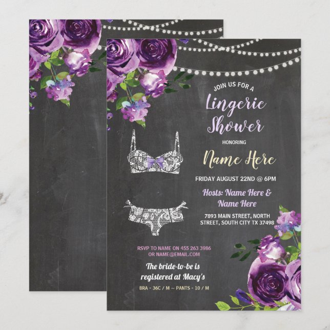 Purple Lingerie Shower Bow Panties Bra Floral Invitation (Front/Back)